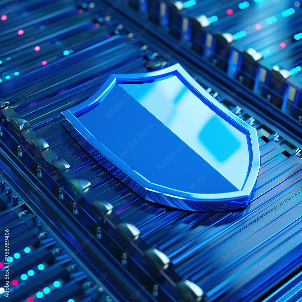 Poster blue shield icon on a digital circuit board representing cybersecurity and data protection in modern