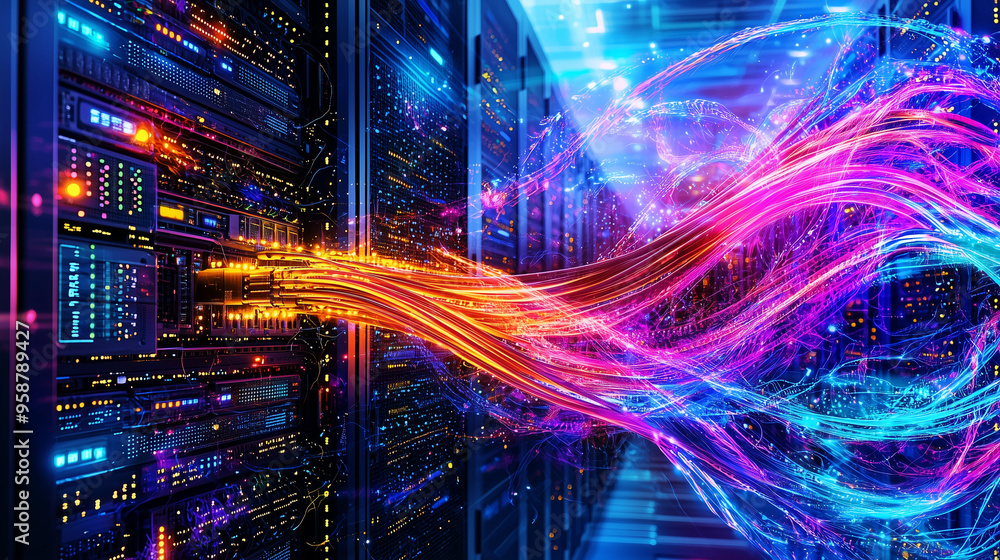 Poster Telecommunication Ethernet Cables Connected to Internet. server room with vibrant neon data streams, symbolizing high-tech connectivity and speed.