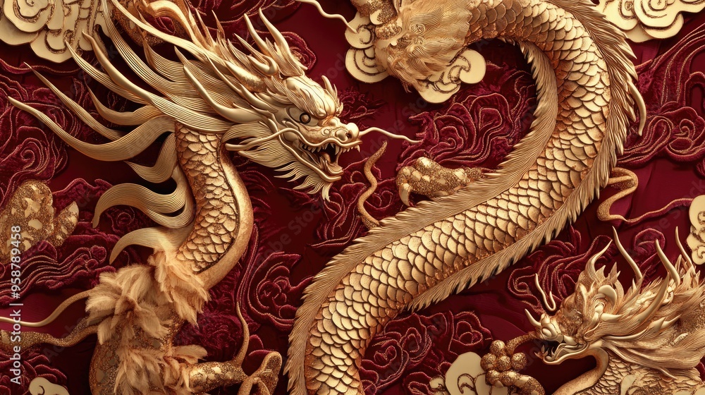 Poster high-resolution digital rendering of a silk pattern featuring intricate dragon and phoenix motifs in