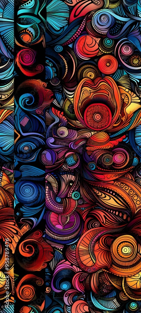 Aufkleber intricate abstract pattern featuring vibrant swirls of red, blue, and yellow, creating a dynamic and