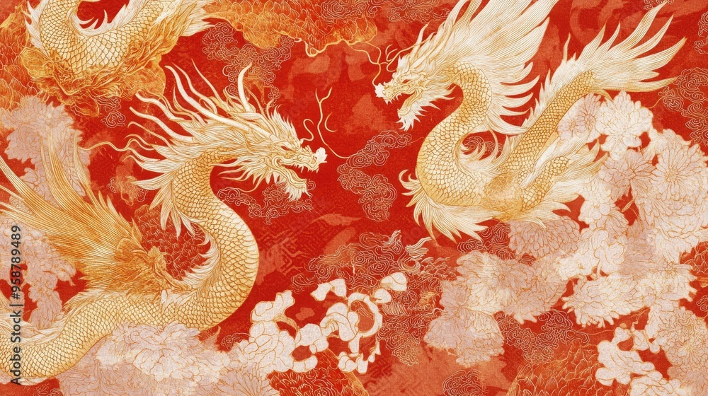 Poster high-resolution digital rendering of a silk pattern featuring intricate dragon and phoenix motifs in