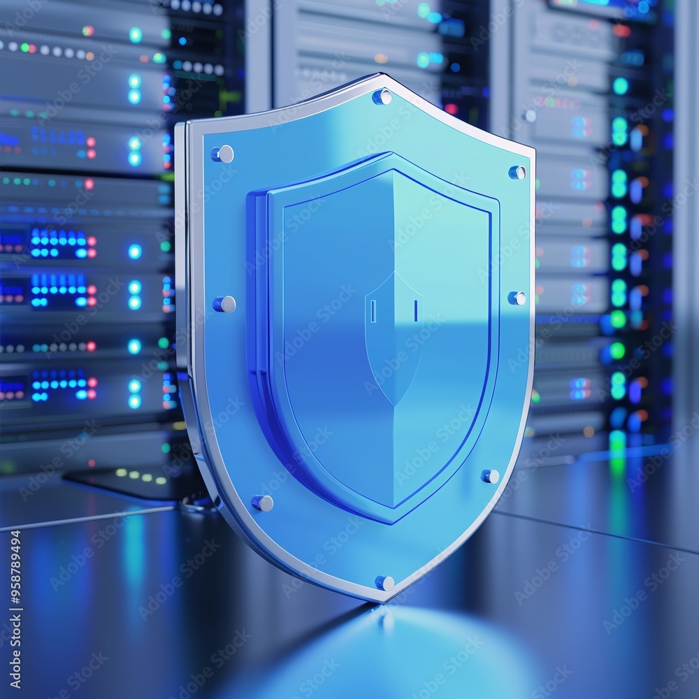 Poster blue shield in front of a server room, representing cybersecurity and data protection in a modern te