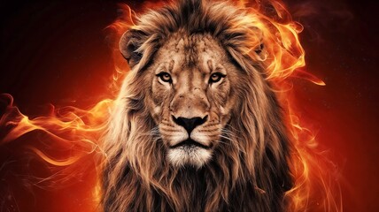 Fototapeta premium A lion with glowing fire flames and smoke on burning background. Brave, Proud concepts.