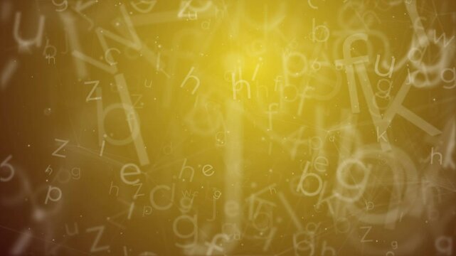 Floating random alphabet particles and plexus line on yellow background. Loop animation. Copy space.