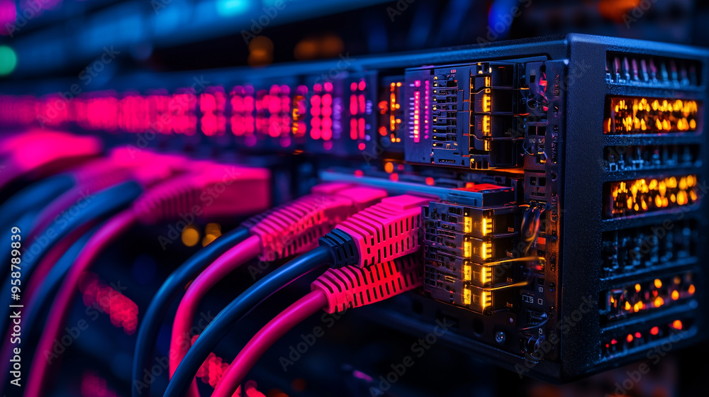 Aufkleber telecommunication ethernet cables connected to internet. server room with vibrant neon data streams,