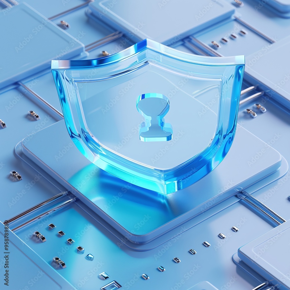 Poster blue transparent shield with padlock icon representing cybersecurity and data protection on circuit 