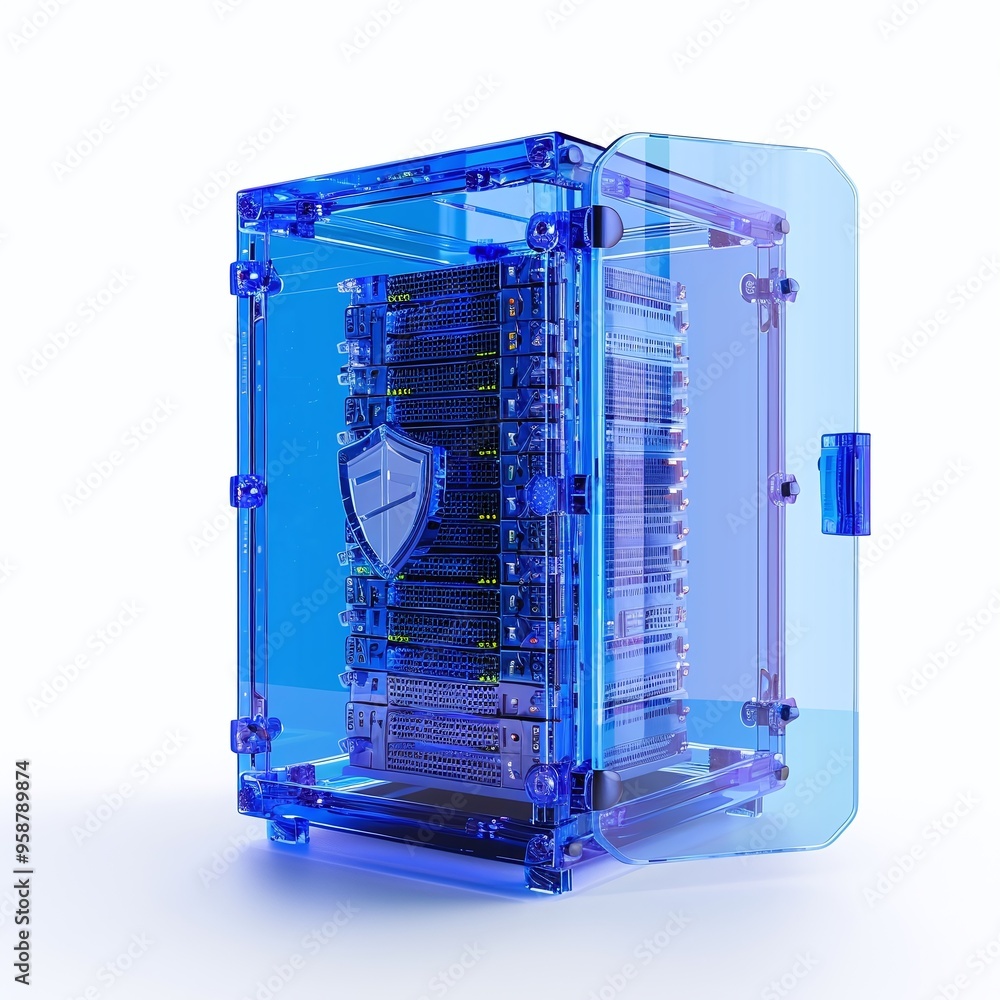 Poster blue transparent server rack with security shield icon, displaying modern data protection and inform
