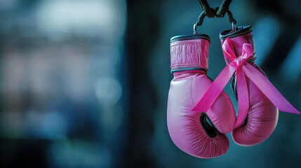 A close-up of a pair of pink boxing gloves hanging from a hook with a pink ribbon tied around the laces symbolizing the strength and fight of breast cancer survivors