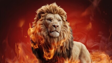 Naklejka premium A lion with glowing fire flames and smoke on burning background. Brave, Proud concepts.