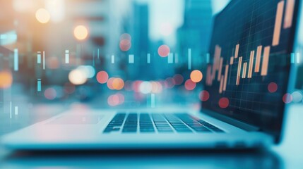Laptop with Digital Financial Charts in Urban Setting
