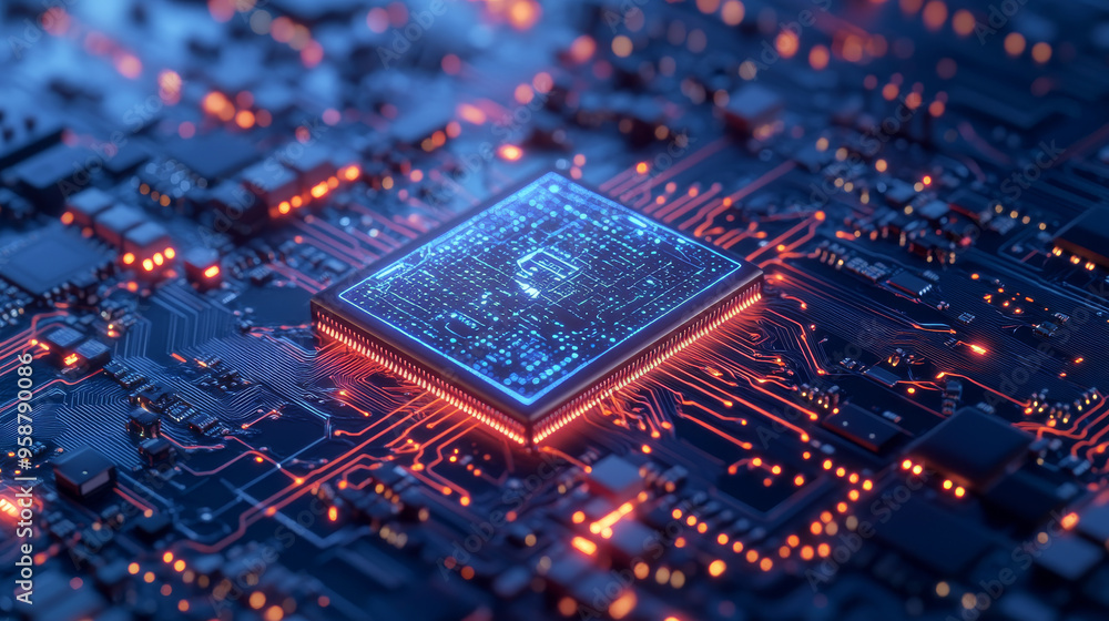 Poster a computer chip with built-in artificial intelligence. the ai is directly on the chip, connected to 