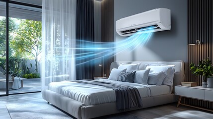 Modern Bedroom Interior with Air Conditioner and Blue Air Flow