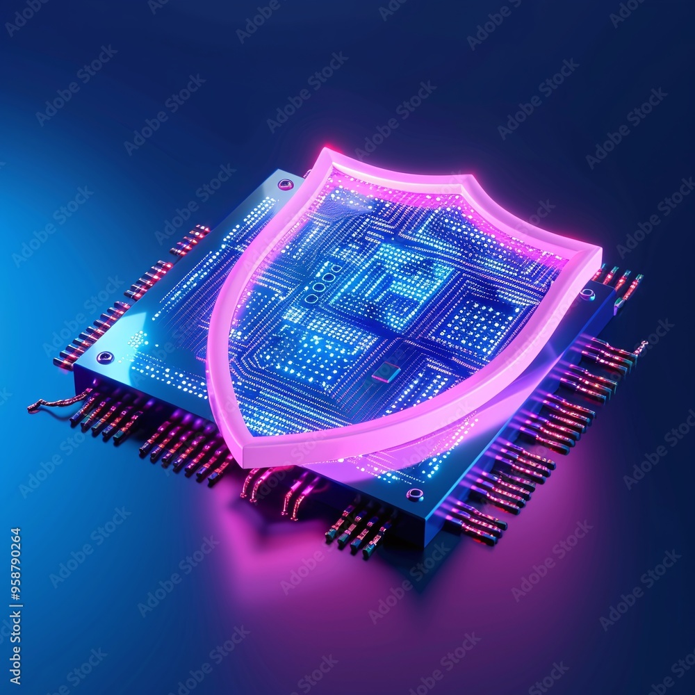 Poster close-up of a computer chip with a glowing pink shield symbolizing cybersecurity and data protection