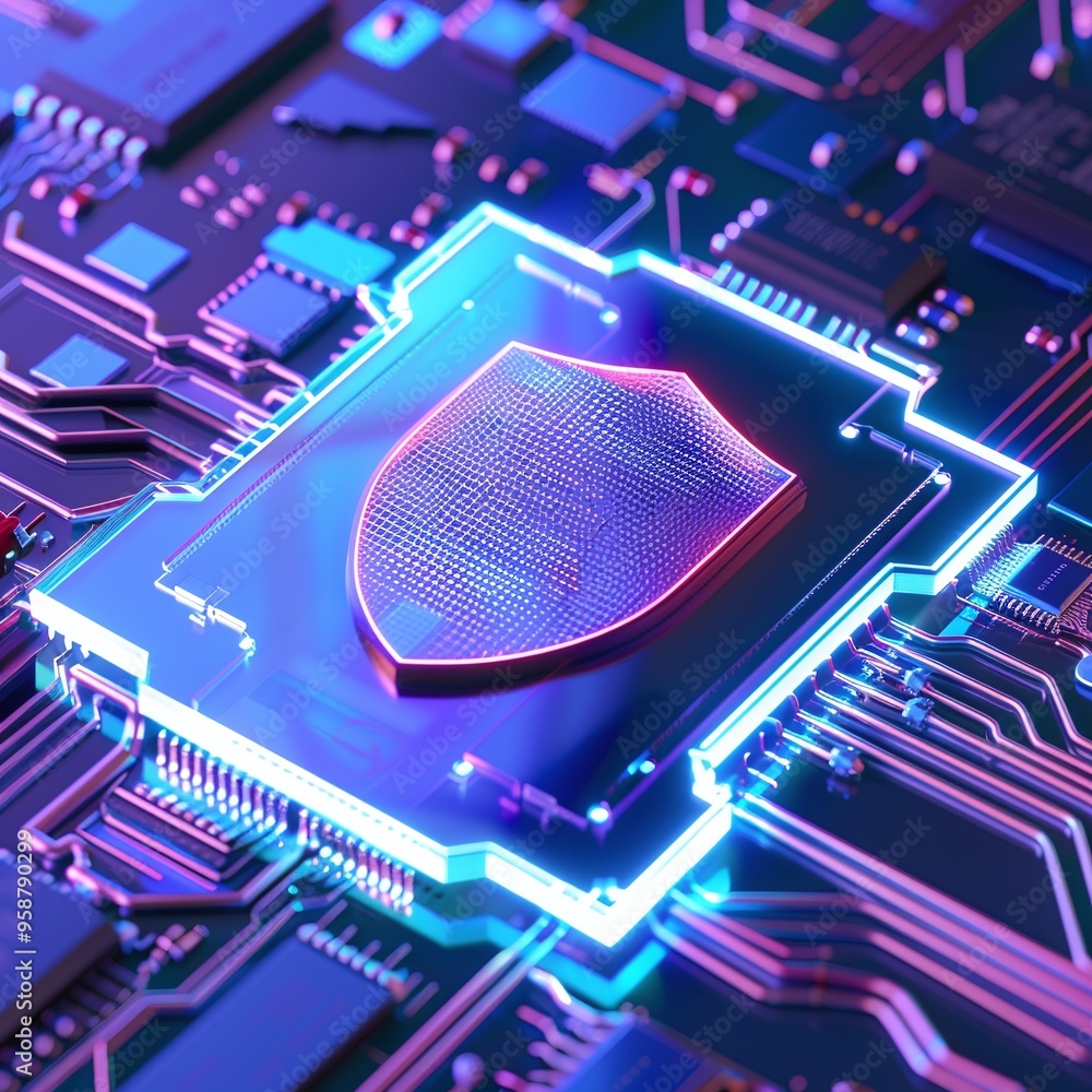 Poster close-up of a computer motherboard with a glowing security shield, representing cybersecurity and da