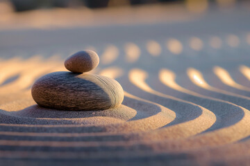 Zen garden wallpaper. Tranquil japanese Zen garden with stones in textured sand. Pebble stone balanced tower minimalist background with copy space. Meditation, mindfulness, harmony and balance concept