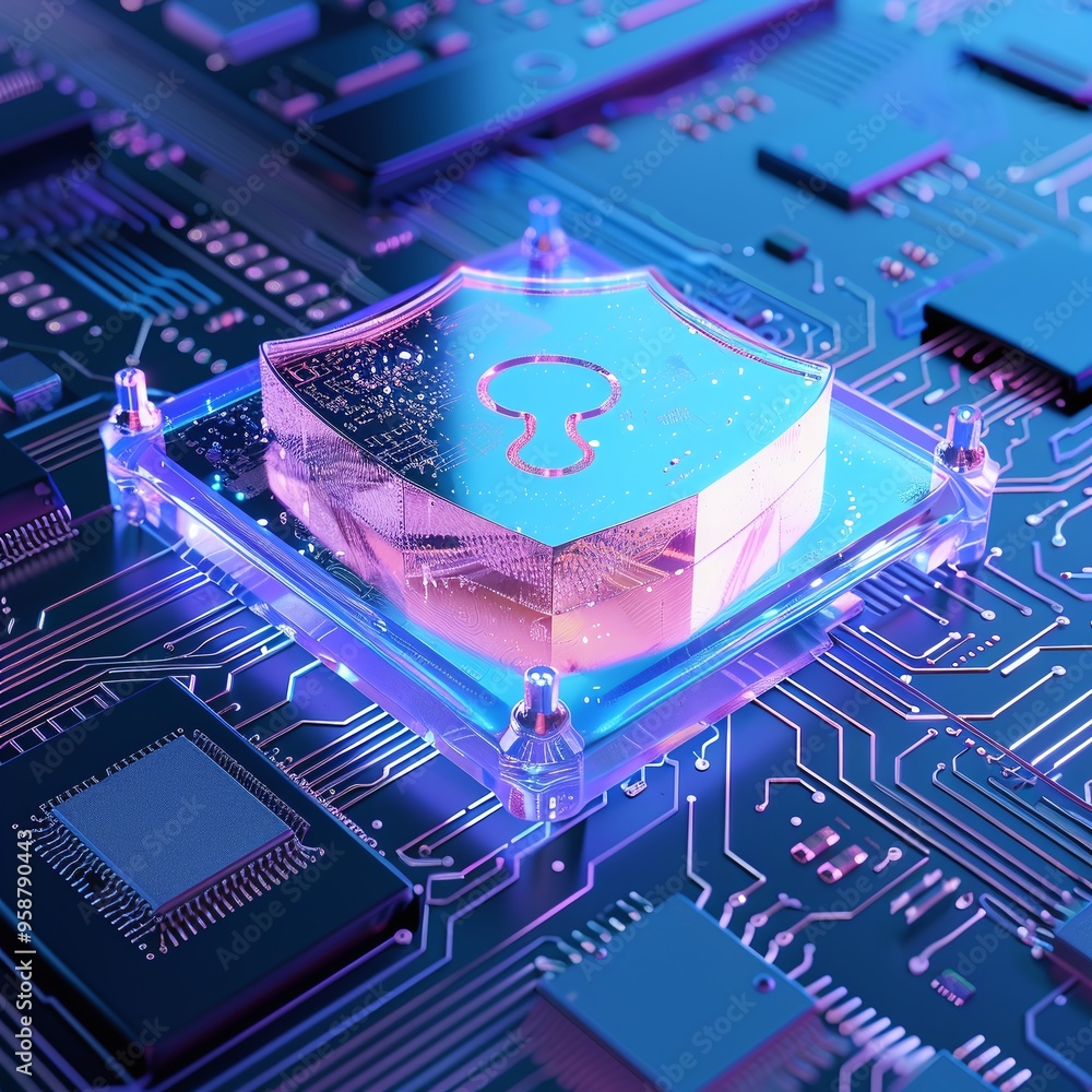 Poster close-up of a digital security shield icon on a circuit board representing cybersecurity, data prote