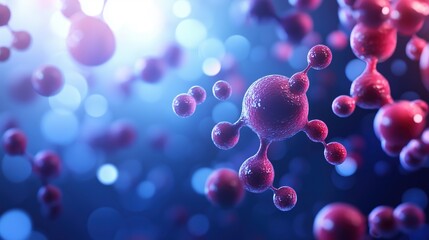  Detailed abstract depiction of microscopic human cell structure against a pink and blue backdrop. The side view showcases red droplets and fluid balls in close-up on a dark blue background, capturing