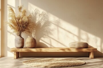 Wooden Bench with Dried Flowers, Wicker Basket, and Round Rug in a Minimalist Room