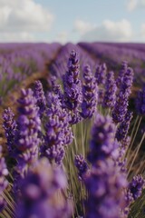 Obraz premium A stunning field of lavender showcasing vibrant purple flowers under a bright blue sky, ideal for creating a serene atmosphere.
