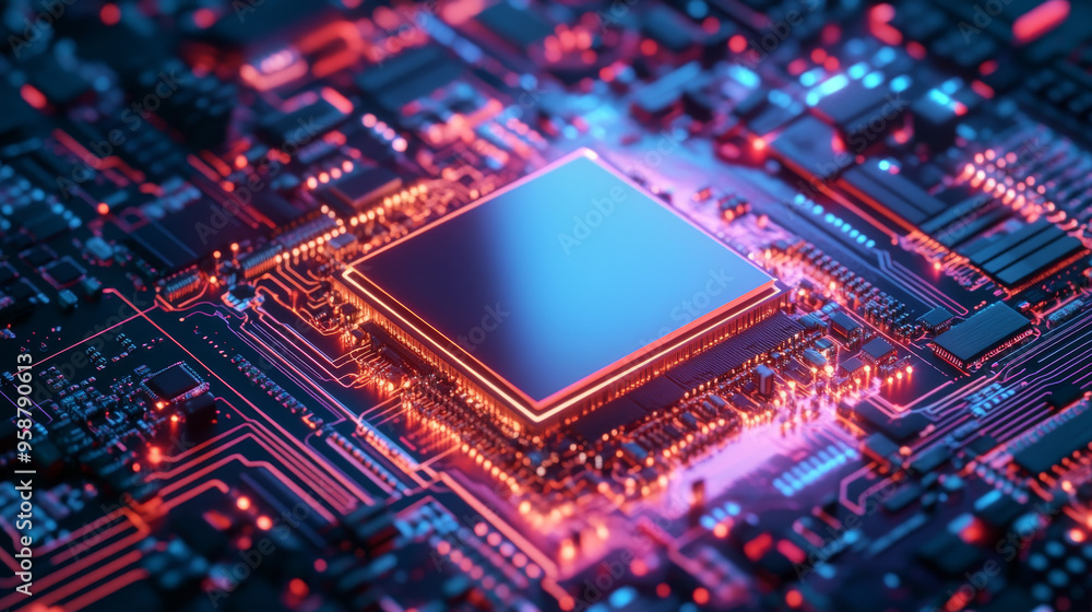 Poster a computer processor with built-in artificial intelligence. the ai is directly on the chip, connecte