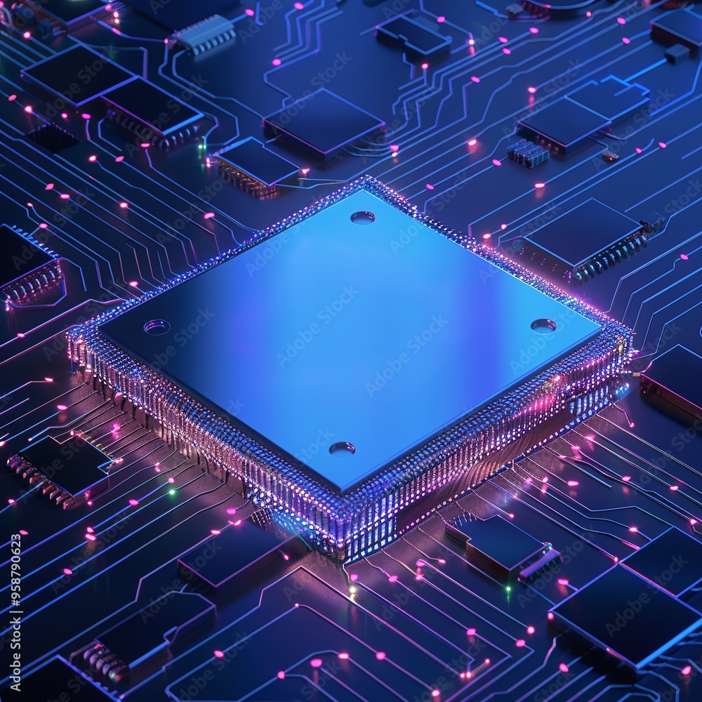 Poster closeup of a futuristic computer chip on an illuminated circuit board, showcasing cutting-edge techn