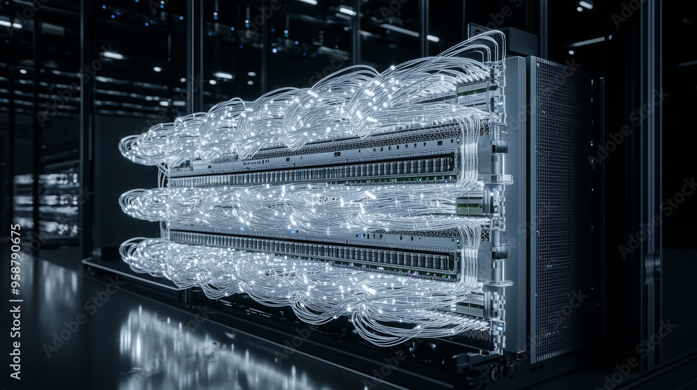Poster Telecommunication Ethernet Cables Connected to Internet. server room with vibrant neon data streams, symbolizing high-tech connectivity and speed.