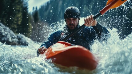 A kayaker rafting struggling with water splashes in boat in rapid river in mountain