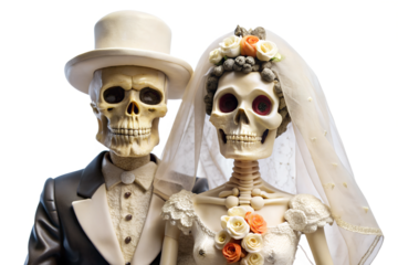 Skeleton couple dressed for a wedding celebration transparent