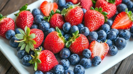 Obraz premium Fresh Strawberries and Blueberries on a White Plate