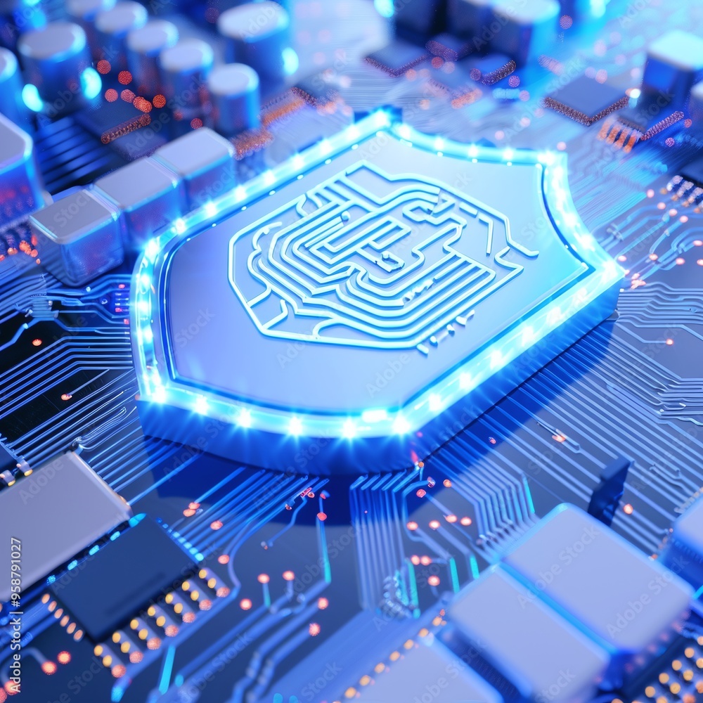 Poster close-up of a glowing electronic shield on a blue circuit board symbolizing cybersecurity and data p
