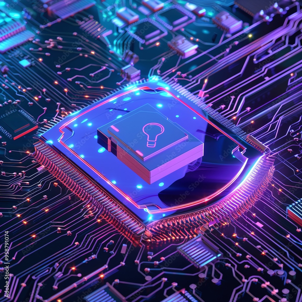 Aufkleber close-up of a glowing microchip on a circuit board. futuristic technology concept showcasing advance