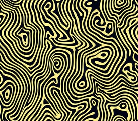 Abstract yellow and black wavy pattern with fluid, maze-like lines. Ideal for modern textiles, wallpapers, or creative backgrounds, and works seamlessly as a repeating design.
