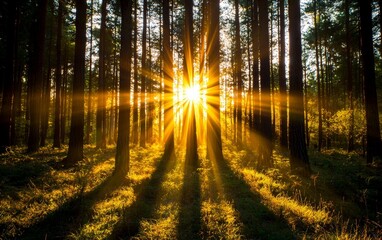 Obraz premium Bright morning light streaming through a forest, symbolizing the promise of a new day