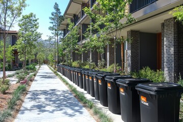Row of Black Recycling Bins in Front of Modern Townhouses