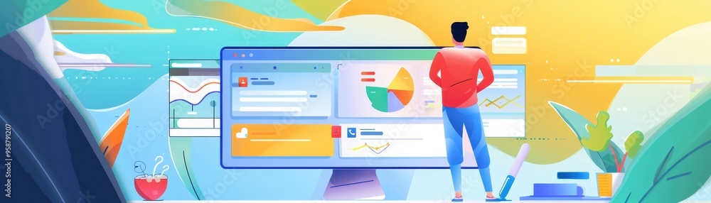 Poster colorful illustration of man analyzing data on a large screen in a modern workspace. perfect for bus
