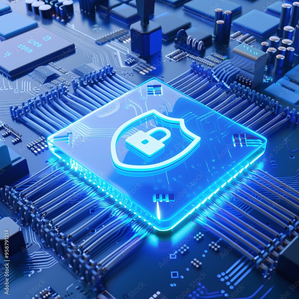 Poster close-up of a glowing security chip on a blue circuit board, symbolizing advanced technology and cyb