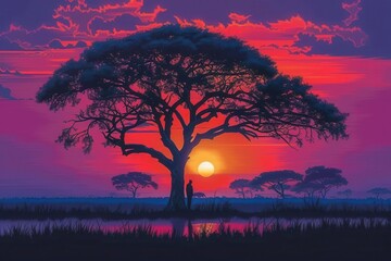 A stunning sunset silhouetted against a large tree, reflecting tranquility and nature's beauty in vibrant colors.