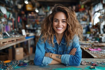 Fototapeta premium A smiling, curly-haired woman in a denim jacket proudly displays her handcrafted jewelry in her workshop, reflecting her passion for creating unique artisanal pieces.