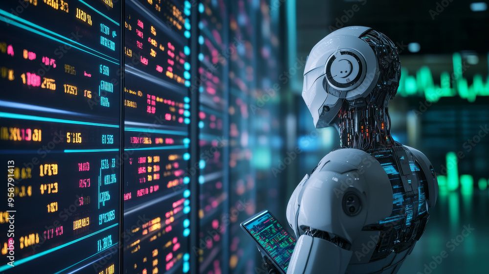 Poster ai analyzes data from the stock market. imagine an ai program working in data centers, studying stoc