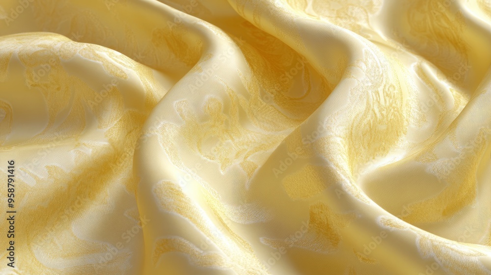 Poster high-resolution digital rendering of light yellow silk fabric with intricate gold-threaded patterns.