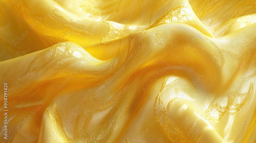 Poster high-resolution digital rendering of light yellow silk fabric with intricate gold-threaded patterns.
