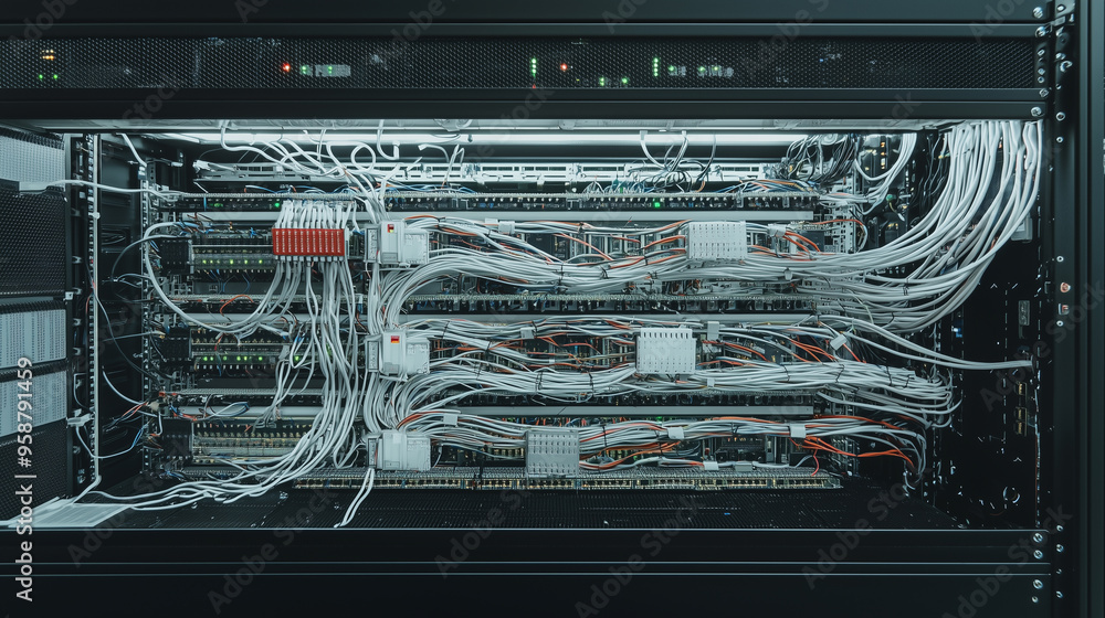 Poster Telecommunication Ethernet Cables Connected to Internet. server room with vibrant neon data streams, symbolizing high-tech connectivity and speed.