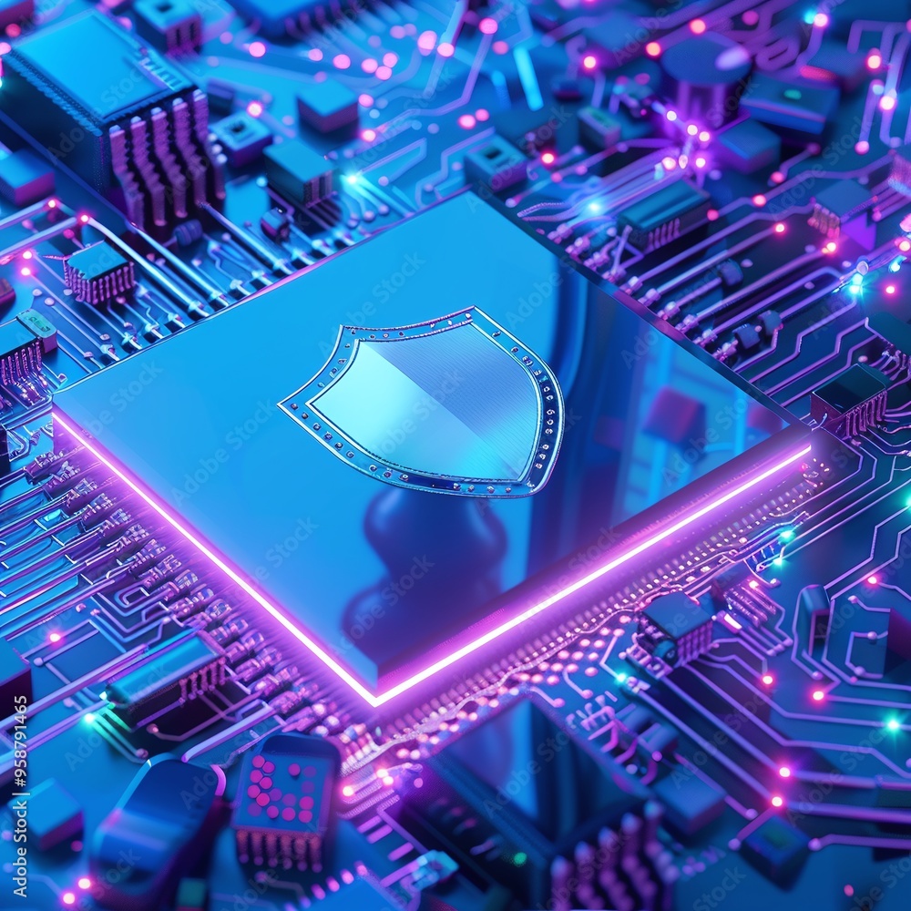 Poster close-up of a secure microchip on a circuit board, highlighted with neon blue and purple lights, rep