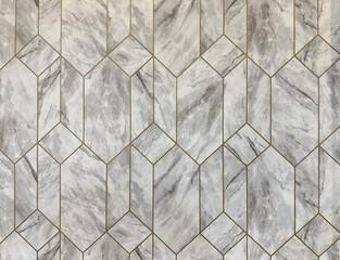 White marble with geometric hexagon gold metal steel trimming seamless background texture.