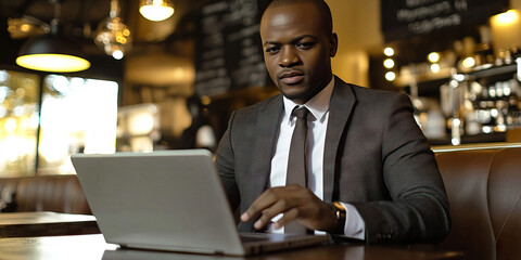 Fototapeta premium Focused African American man in suit, working on laptop in public cafe.
