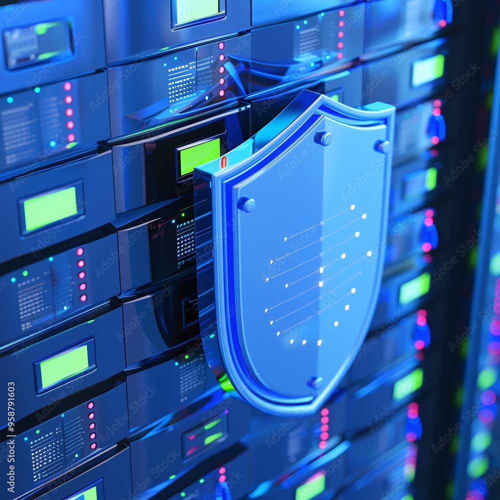 Poster close-up of data servers with a blue shield icon symbolizing cybersecurity and data protection in a 
