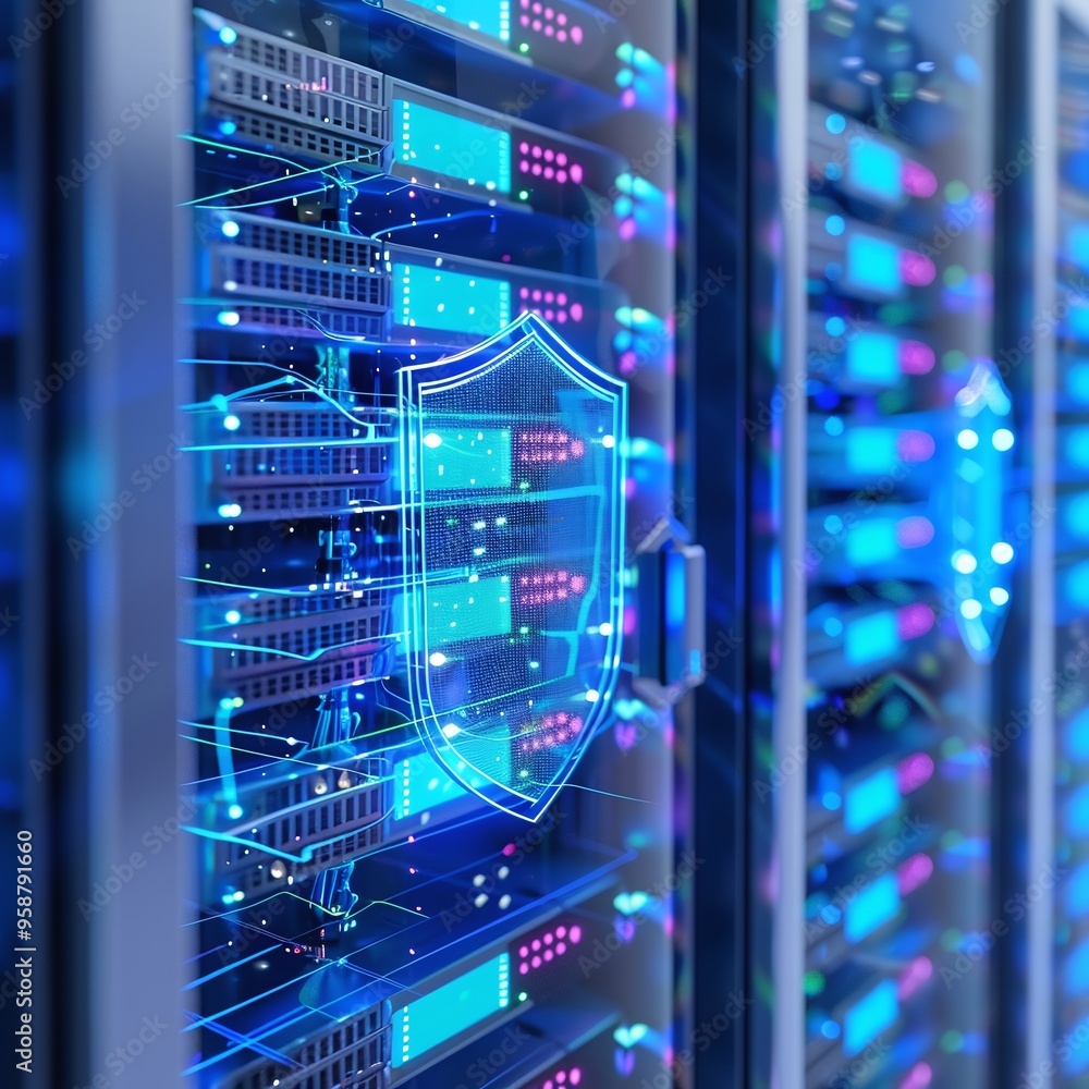 Poster close-up of data servers with a futuristic blue shield indicating cybersecurity and data protection 