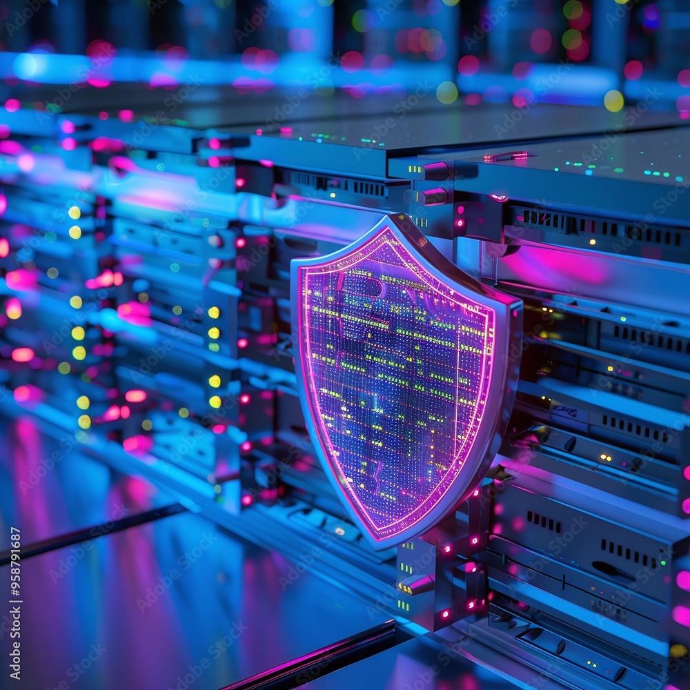 Poster close-up of data servers with a glowing shield symbol representing cybersecurity and data protection