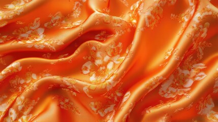 High-resolution digital rendering of orange silk fabric with intricate, gold-threaded floral patterns. The vibrant, warm tones create a striking, luxurious look for textiles or wallpaper.