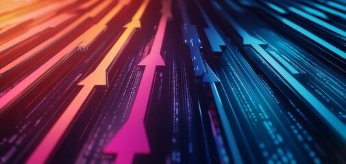 Obraz premium Colorful arrows shooting upward through a binary landscape, top view, signifying rapid technological advancement, cybernetic tone, Split-complementary color scheme